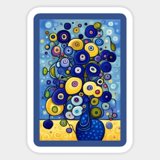 Blue and Gold Cute Abstract Flowers in a Blue Vase Still Life Painting Sticker